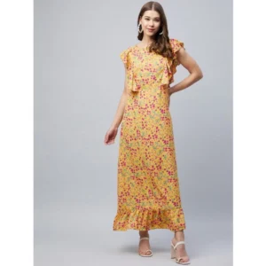 Women's Polyester Floral Round Neck Flutter Dress (Red)