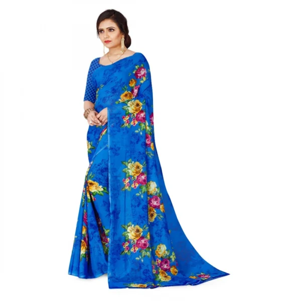 Women's Faux Georgette Printed Saree With Unstitched Blouse 5.5Mtr (Blue) - Image 3