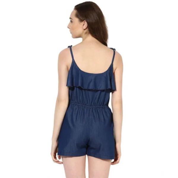 Women's Denim Ruffled Shoulder Straps Jumpsuit (Blue) - Image 4