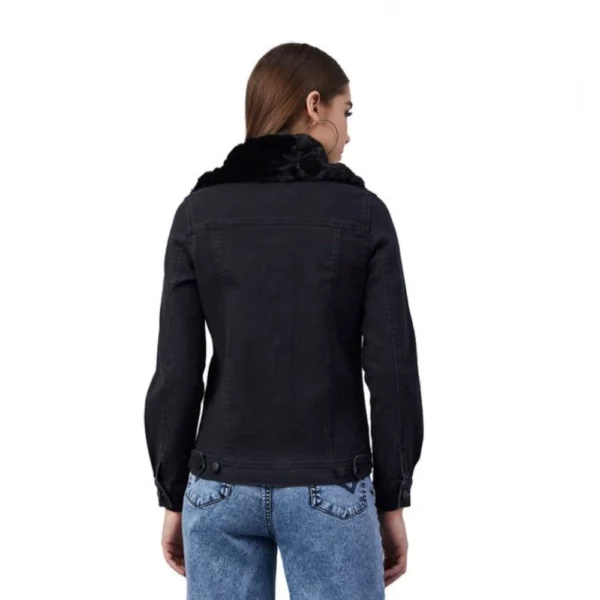 Generic Women's Denim & Faux Fur Washed Long Sleeve Jacket (Black) - Image 2