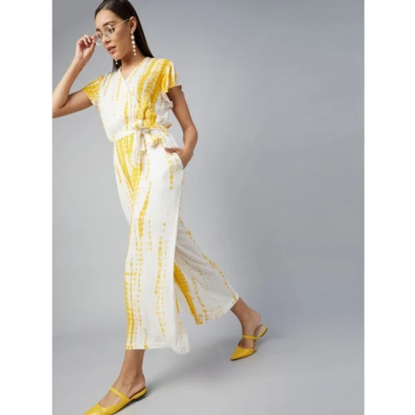 Generic Women's Rayon Striped Short Sleeve Jumpsuit (Yellow - White) - Image 3