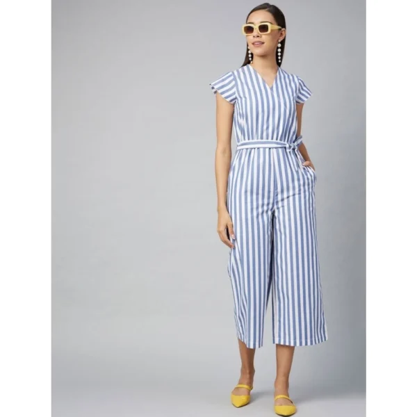 Generic Women's Cotton-Polyester Blend Striped Short Sleeve Jumpsuit (Blue) - Image 3