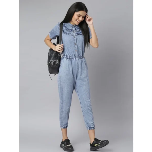 Women's Denim Self Design Tie Ups Jumpsuit (Blue) - Image 3