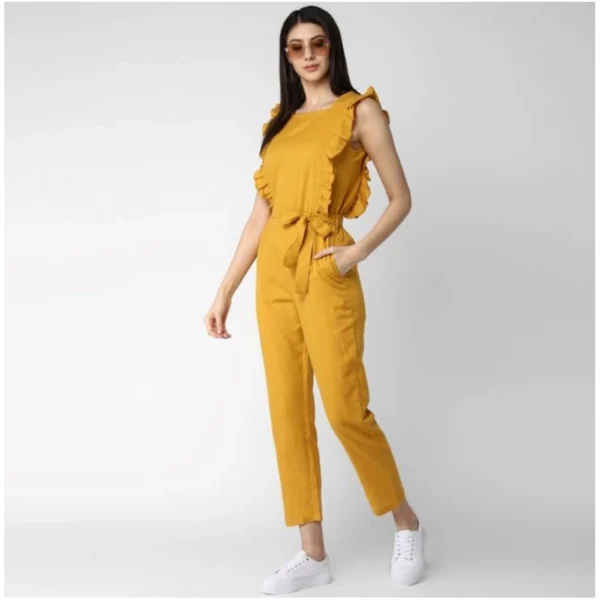 Women's Cotton Linen Solid Sleeveless Jumpsuit (Yellow) - Image 3