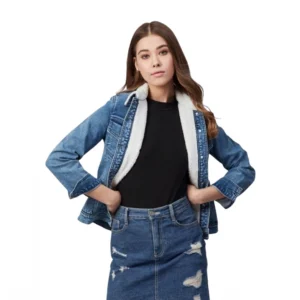 Generic Women's Denim Washed Long Sleeve Jacket (Blue)