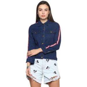 Generic Women's Denim Taping Long Sleeve Jacket (Blue)
