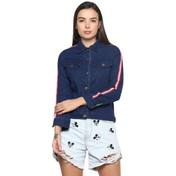 Generic Women's Denim Taping Long Sleeve Jacket (Blue)