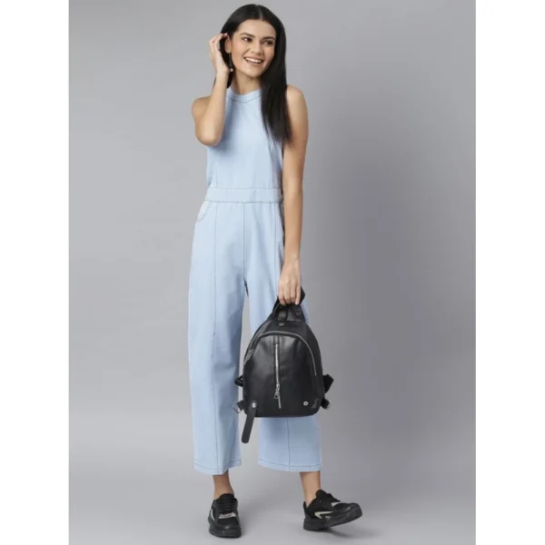 Women's Denim Self Design Sleeveless Jumpsuit (Blue) - Image 3