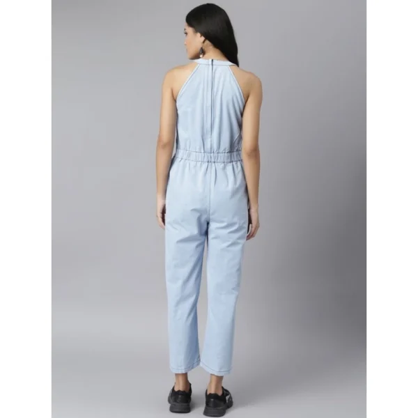Women's Denim Self Design Sleeveless Jumpsuit (Blue) - Image 4