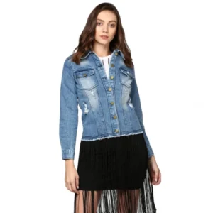 Women's Denim Distressed Long Sleeve Jacket (Blue)