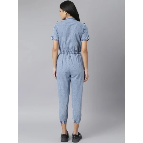 Women's Denim Self Design Tie Ups Jumpsuit (Blue) - Image 4