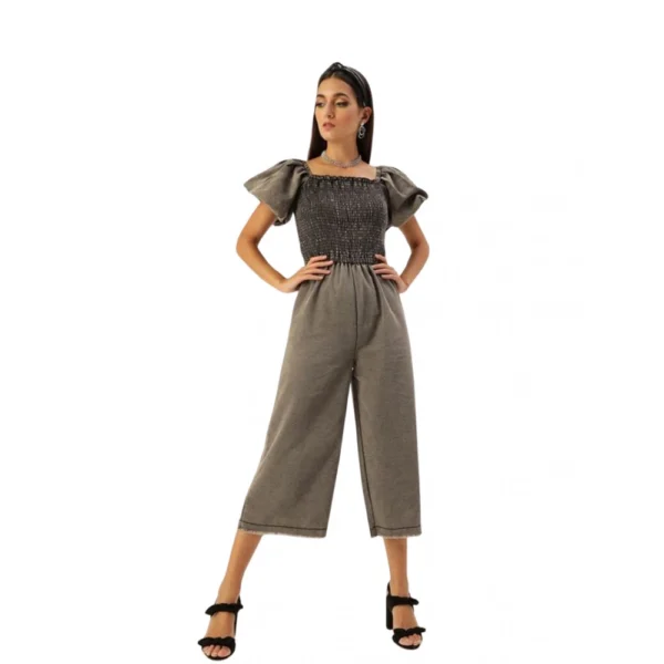 Generic Women's Denim Solid Balloon Sleeve Jumpsuit (Black)