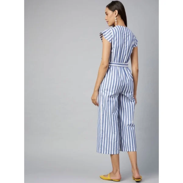 Generic Women's Cotton-Polyester Blend Striped Short Sleeve Jumpsuit (Blue) - Image 4