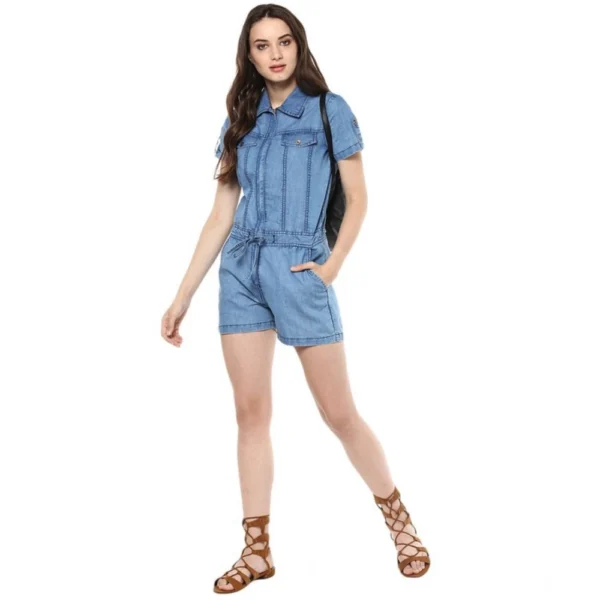 Generic Women's Denim Solid Short Sleeve Jumpsuit (Blue) - Image 3