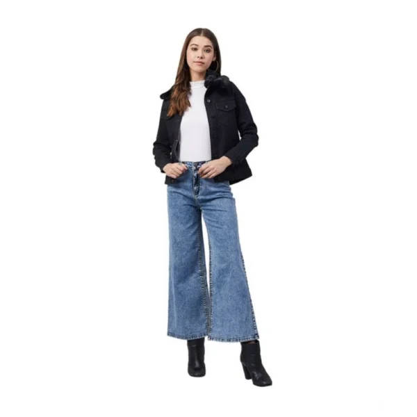 Generic Women's Denim & Faux Fur Washed Long Sleeve Jacket (Black) - Image 3
