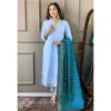 Women's Roman Silk Embroidery 3-4th Sleeve V-Neck Kurti With Pant Dupatta Set (Rama)