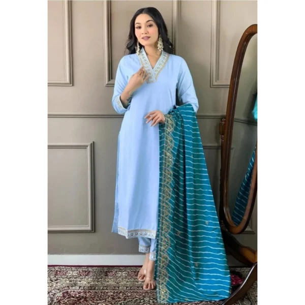 Women's Roman Silk Embroidery 3-4th Sleeve V-Neck Kurti With Pant Dupatta Set (Rama)