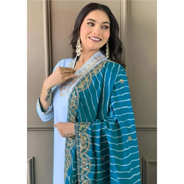 Women's Roman Silk Embroidery 3-4th Sleeve V-Neck Kurti With Pant Dupatta Set (Rama) - Image 3