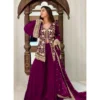 Women's Georgette Embroidery 3-4th Sleeve V-Neck Kurti, Palazzo And Dupatta Set (Wine)