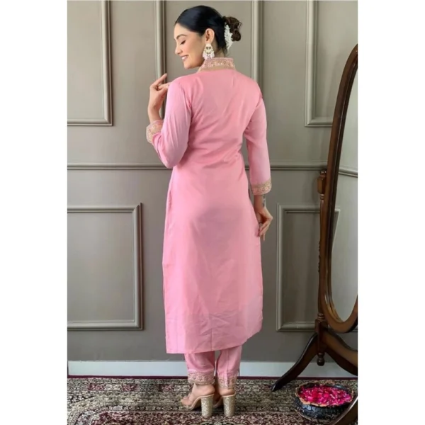 Women's Roman Silk Embroidery 3-4th Sleeve V-Neck Kurti With Pant Dupatta Set (Pink) - Image 3