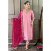 Women's Roman Silk Embroidery 3-4th Sleeve V-Neck Kurti With Pant Dupatta Set (Pink)