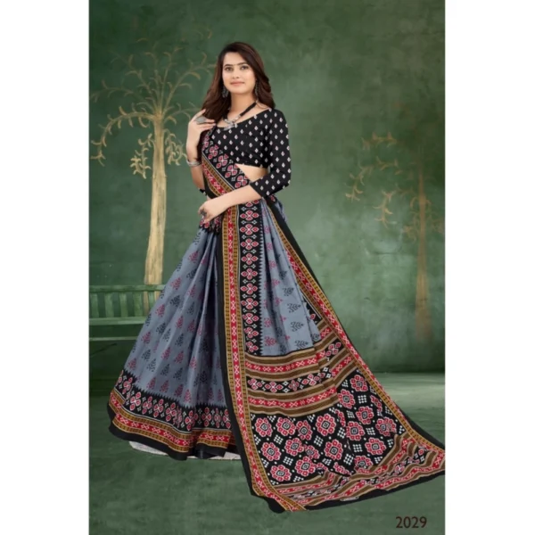 Women's Soft Pure Cotton Printed Saree With Unstitched Blouse 5.5Mtr (Grey) - Image 3