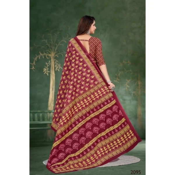 Women's Soft Pure Cotton Printed Saree With Unstitched Blouse 5.5Mtr (Maroon) - Image 3