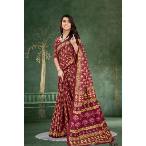 Women's Soft Pure Cotton Printed Saree With Unstitched Blouse 5.5Mtr (Maroon) - Image 2