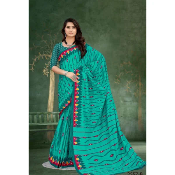 Women's Soft Pure Cotton Printed Saree With Unstitched Blouse 5.5Mtr (Blue) - Image 3