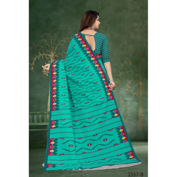 Women's Soft Pure Cotton Printed Saree With Unstitched Blouse 5.5Mtr (Blue) - Image 2