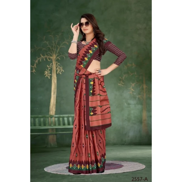 Women's Soft Pure Cotton Printed Saree With Unstitched Blouse 5.5Mtr (Brown) - Image 3