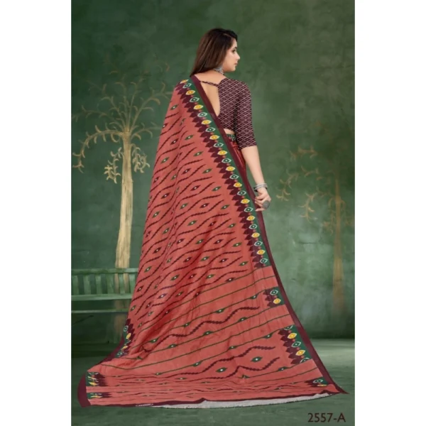 Women's Soft Pure Cotton Printed Saree With Unstitched Blouse 5.5Mtr (Brown) - Image 2