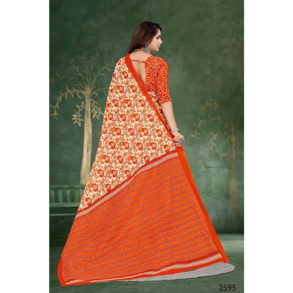 Women's Soft Pure Cotton Printed Saree With Unstitched Blouse 5.5Mtr (Orange) - Image 2