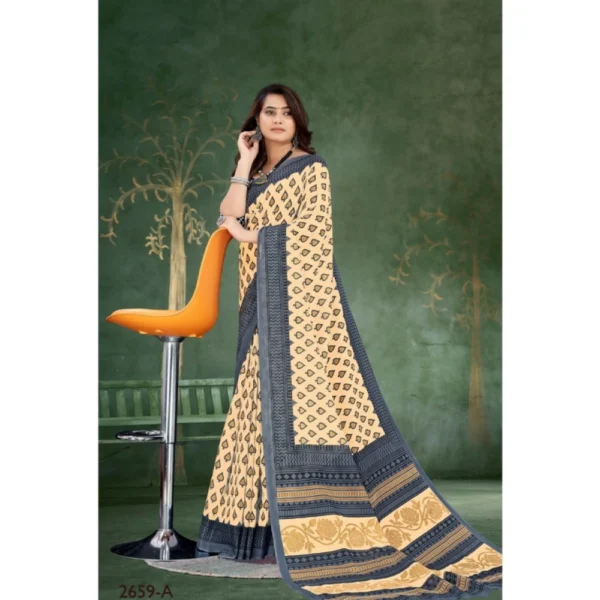 Women's Soft Pure Cotton Printed Saree With Unstitched Blouse 5.5Mtr (Cream) - Image 3