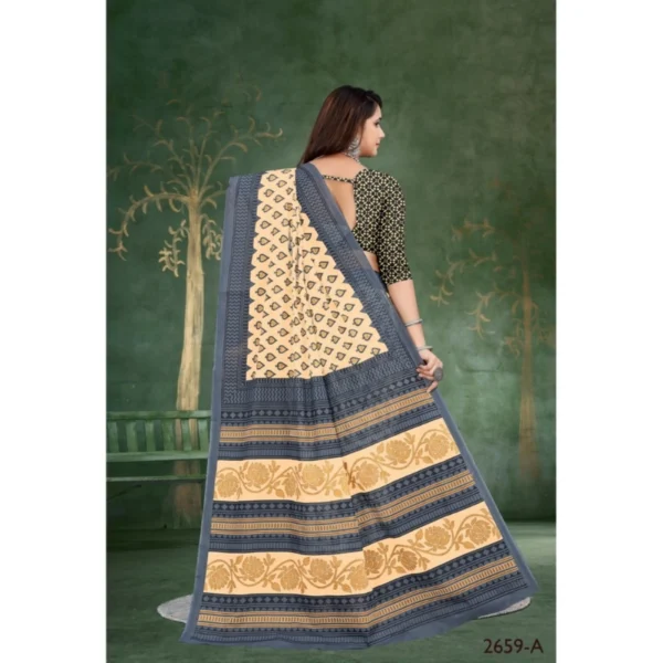 Women's Soft Pure Cotton Printed Saree With Unstitched Blouse 5.5Mtr (Cream) - Image 2