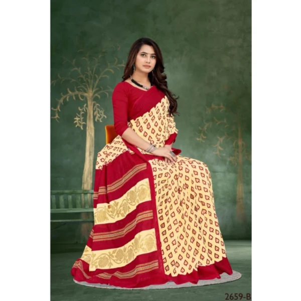 Women's Soft Pure Cotton Printed Saree With Unstitched Blouse 5.5Mtr (Beige) - Image 3