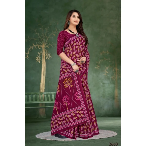 Women's Soft Pure Cotton Printed Saree With Unstitched Blouse 5.5Mtr (Wine) - Image 3