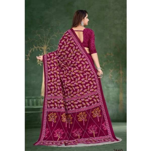 Women's Soft Pure Cotton Printed Saree With Unstitched Blouse 5.5Mtr (Wine) - Image 2