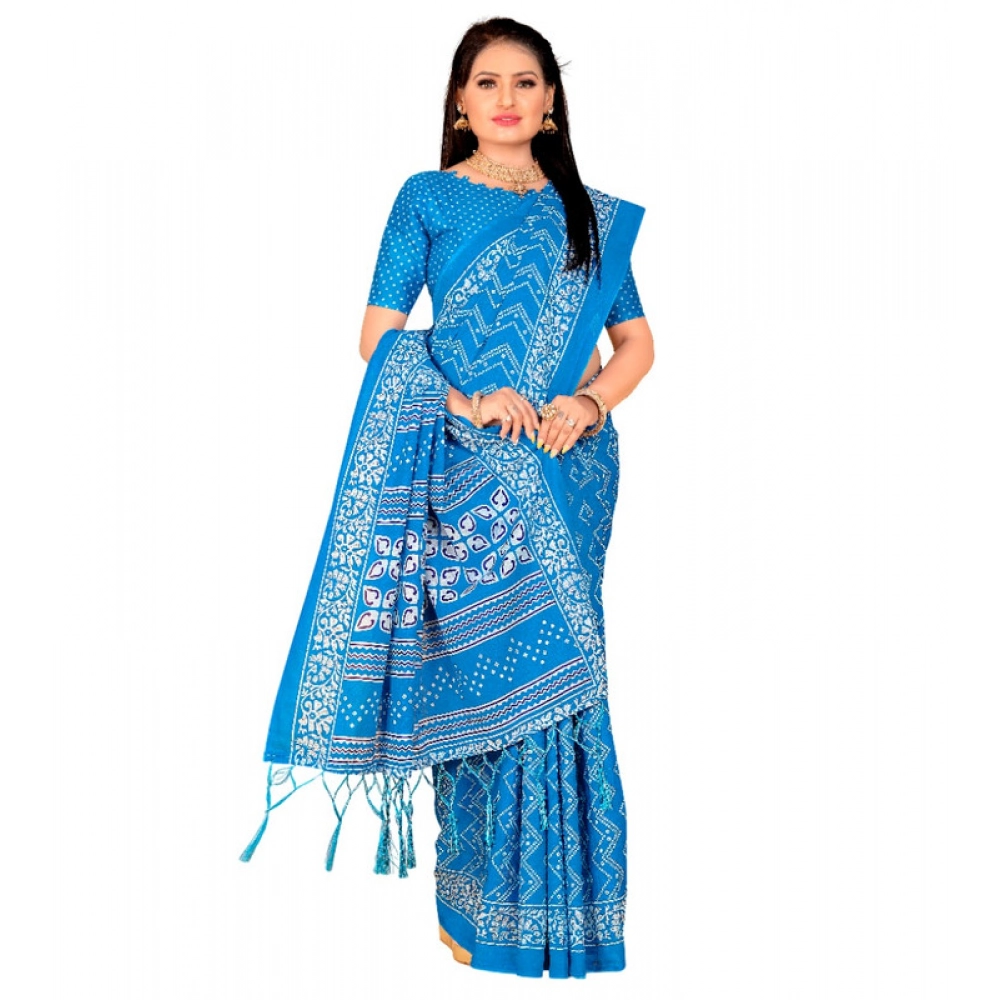 Generic Women's Cotton Silk Printed Saree With Unstitched Blouse 5.5Mtr (Blue) main image 0