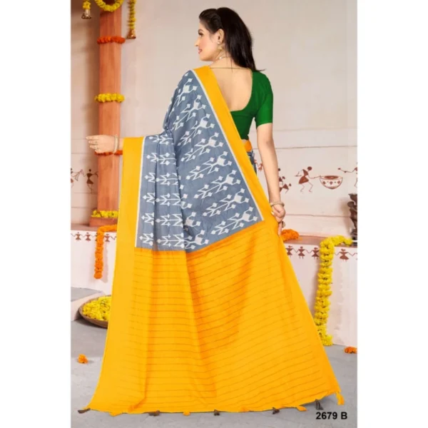 Women's Soft Pure Cotton Printed Saree With Unstitched Blouse 5.5Mtr (Yellow) - Image 3