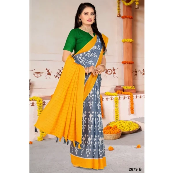 Women's Soft Pure Cotton Printed Saree With Unstitched Blouse 5.5Mtr (Yellow) - Image 2