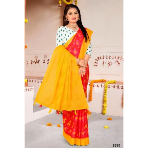 Women's Soft Pure Cotton Printed Saree With Unstitched Blouse 5.5Mtr (Red) - Image 2