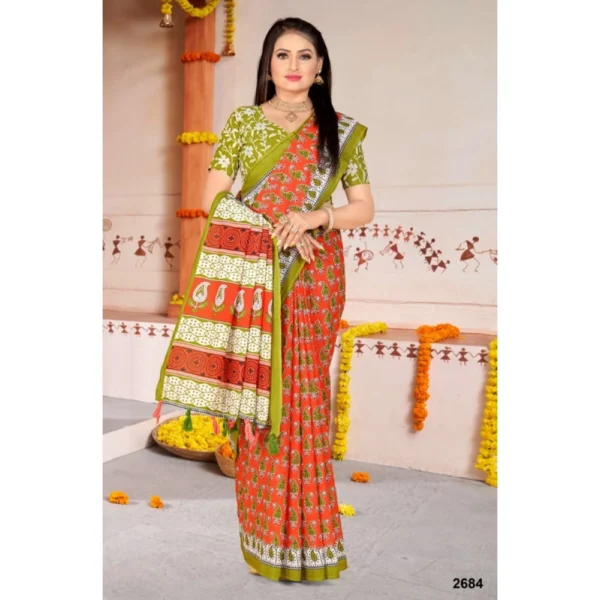 Women's Soft Pure Cotton Printed Saree With Unstitched Blouse 5.5Mtr (Multicolor) - Image 3