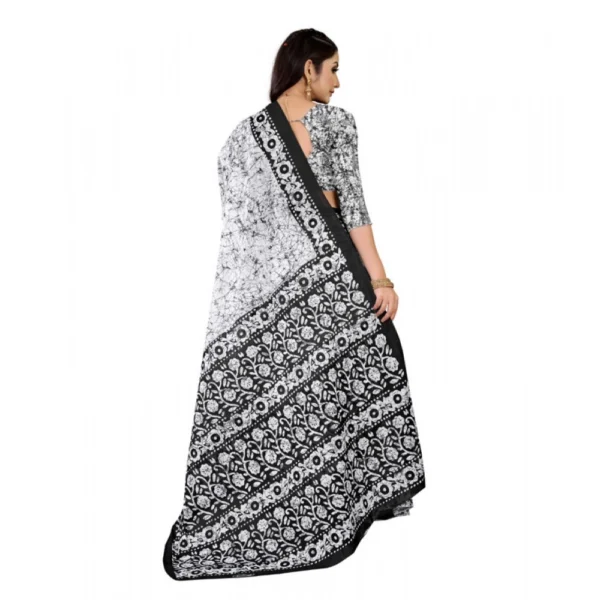 Women's Soft Pure Cotton Printed Saree With Unstitched Blouse 5.5Mtr (Black - White) - Image 3