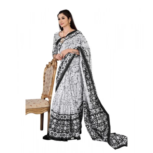 Women's Soft Pure Cotton Printed Saree With Unstitched Blouse 5.5Mtr (Black - White) - Image 2