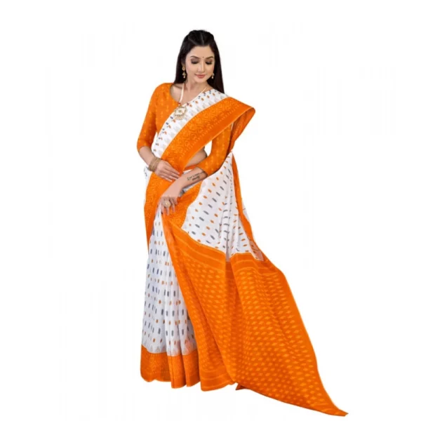 Women's Soft Pure Cotton Printed Saree With Unstitched Blouse 5.5Mtr (Orange) - Image 2