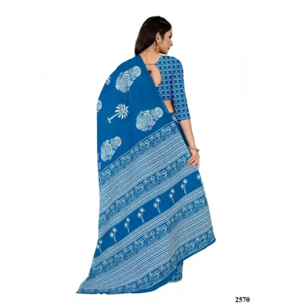 Women's Soft Pure Cotton Printed Saree With Unstitched Blouse 5.5Mtr (Blue) - Image 3