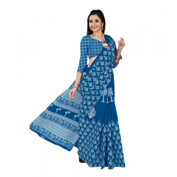 Women's Soft Pure Cotton Printed Saree With Unstitched Blouse 5.5Mtr (Blue) - Image 2