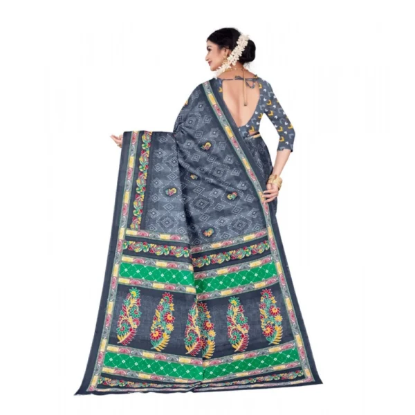 Women's Soft Pure Cotton Printed Saree With Unstitched Blouse 5.5Mtr (Grey) - Image 3