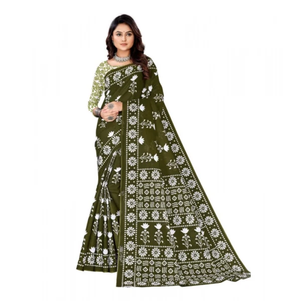 Women's Soft Pure Cotton Printed Saree With Unstitched Blouse 5.5Mtr (Mehendi green) - Image 2